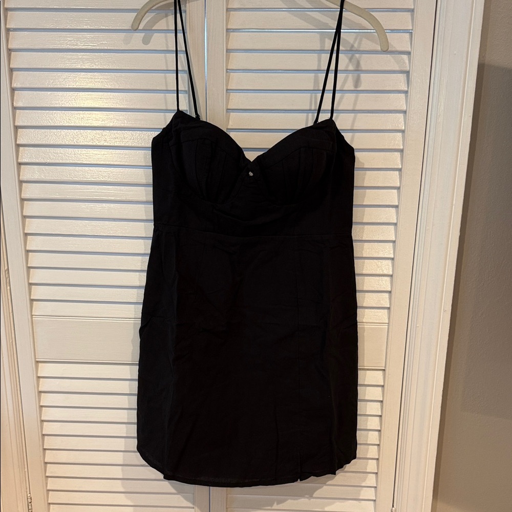 Selfie Leslie Black Mini Linen Dress with Spaghetti Straps